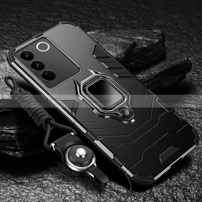 Silicone Matte Finish and Plastic Back Cover Case with Magnetic Finger Ring Stand R01 for Vivo V27 Pro 5G Black