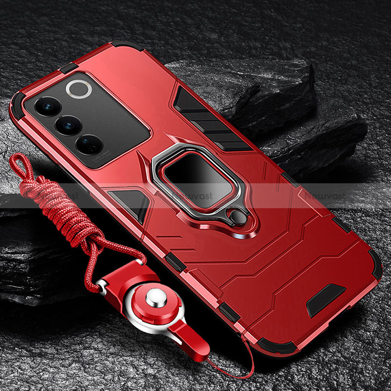 Silicone Matte Finish and Plastic Back Cover Case with Magnetic Finger Ring Stand R01 for Vivo V27e 5G Red