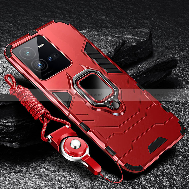 Silicone Matte Finish and Plastic Back Cover Case with Magnetic Finger Ring Stand R01 for Vivo X80 Lite 5G Red