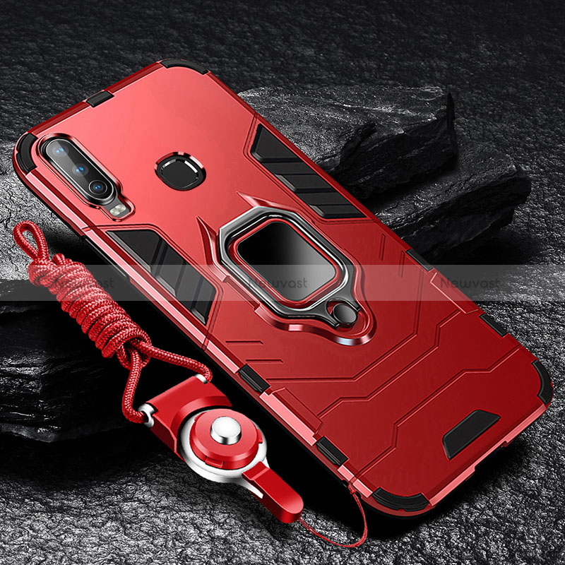 Silicone Matte Finish and Plastic Back Cover Case with Magnetic Finger Ring Stand R01 for Vivo Y11 Red