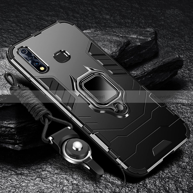 Silicone Matte Finish and Plastic Back Cover Case with Magnetic Finger Ring Stand R01 for Vivo Y19 Black