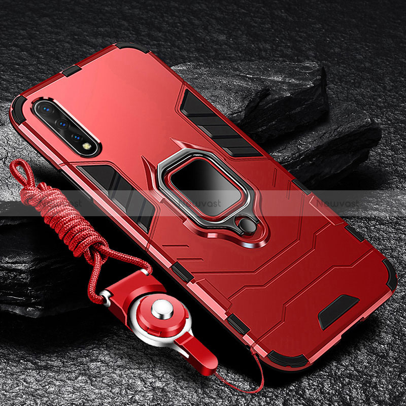 Silicone Matte Finish and Plastic Back Cover Case with Magnetic Finger Ring Stand R01 for Vivo Y7s Red