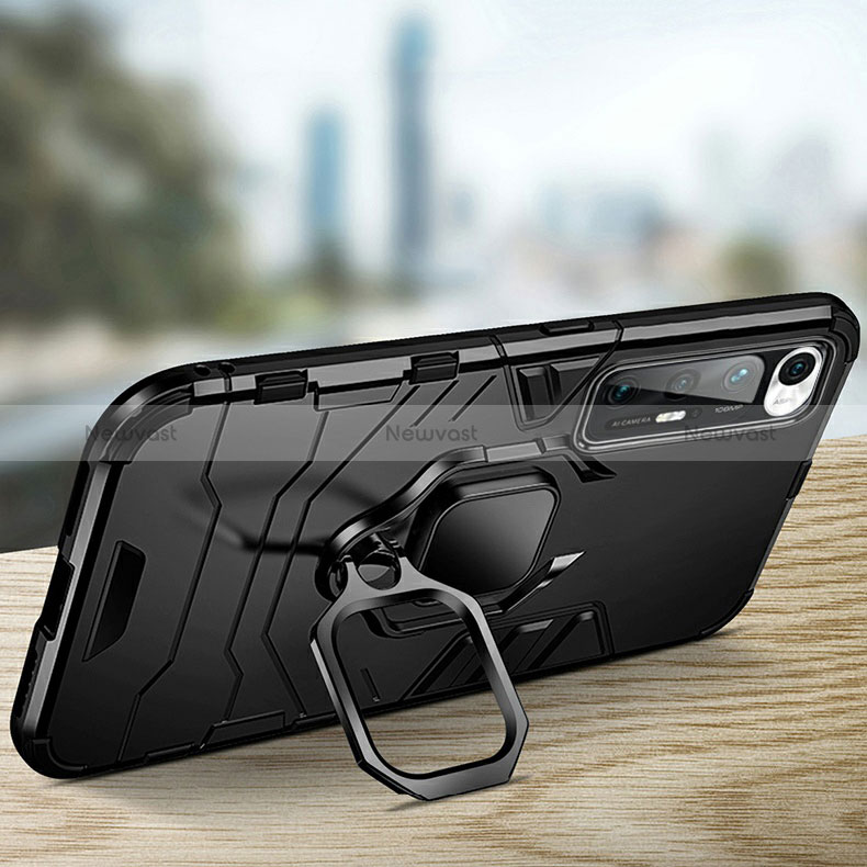 Silicone Matte Finish and Plastic Back Cover Case with Magnetic Finger Ring Stand R01 for Xiaomi Mi 10S 5G