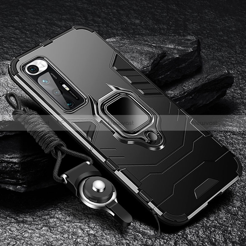 Silicone Matte Finish and Plastic Back Cover Case with Magnetic Finger Ring Stand R01 for Xiaomi Mi 10S 5G Black