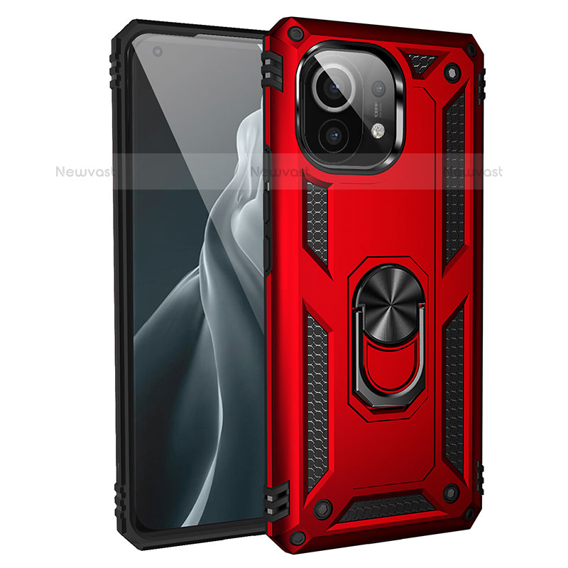 Silicone Matte Finish and Plastic Back Cover Case with Magnetic Finger Ring Stand R01 for Xiaomi Mi 11 5G Red