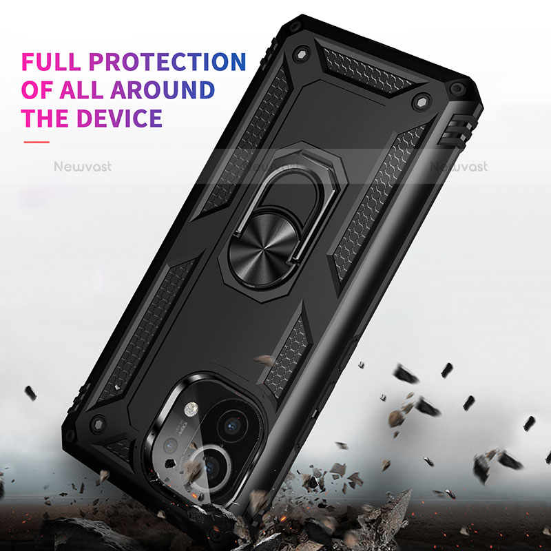 Silicone Matte Finish and Plastic Back Cover Case with Magnetic Finger Ring Stand R01 for Xiaomi Mi 11 Lite 4G