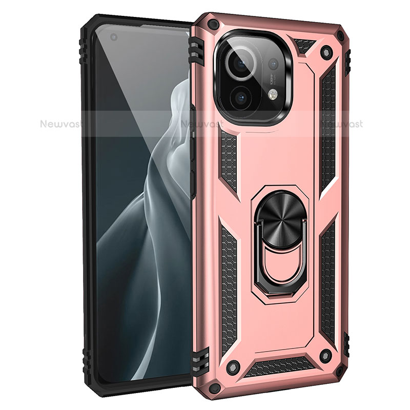 Silicone Matte Finish and Plastic Back Cover Case with Magnetic Finger Ring Stand R01 for Xiaomi Mi 11 Lite 4G Rose Gold