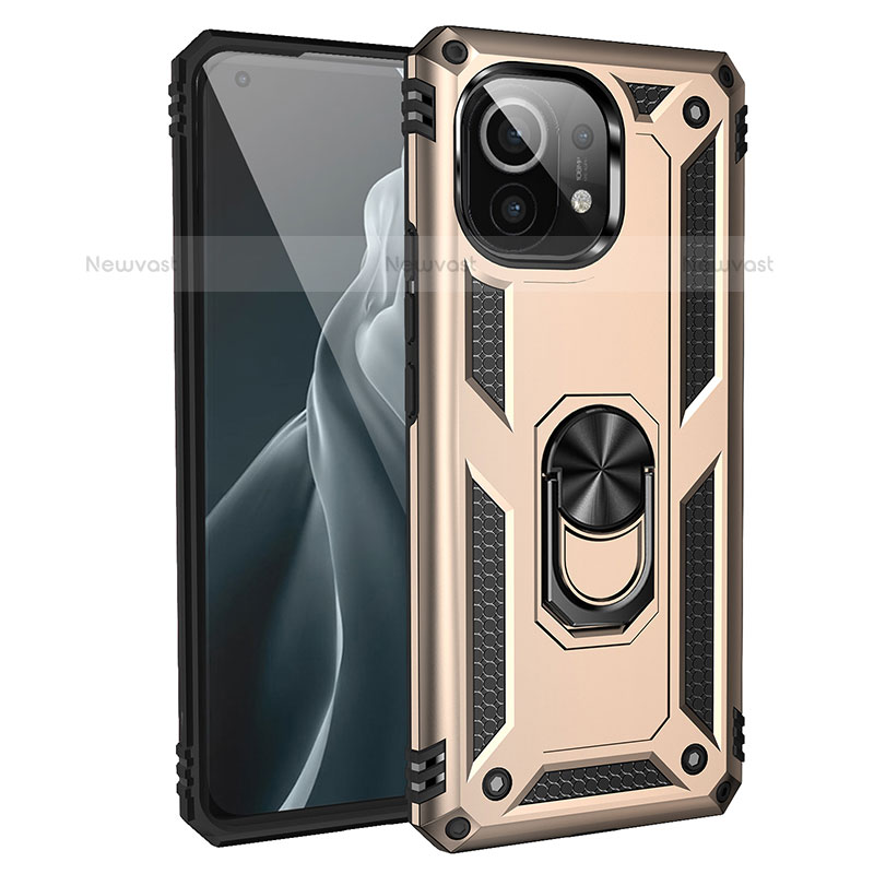 Silicone Matte Finish and Plastic Back Cover Case with Magnetic Finger Ring Stand R01 for Xiaomi Mi 11 Lite 5G Gold