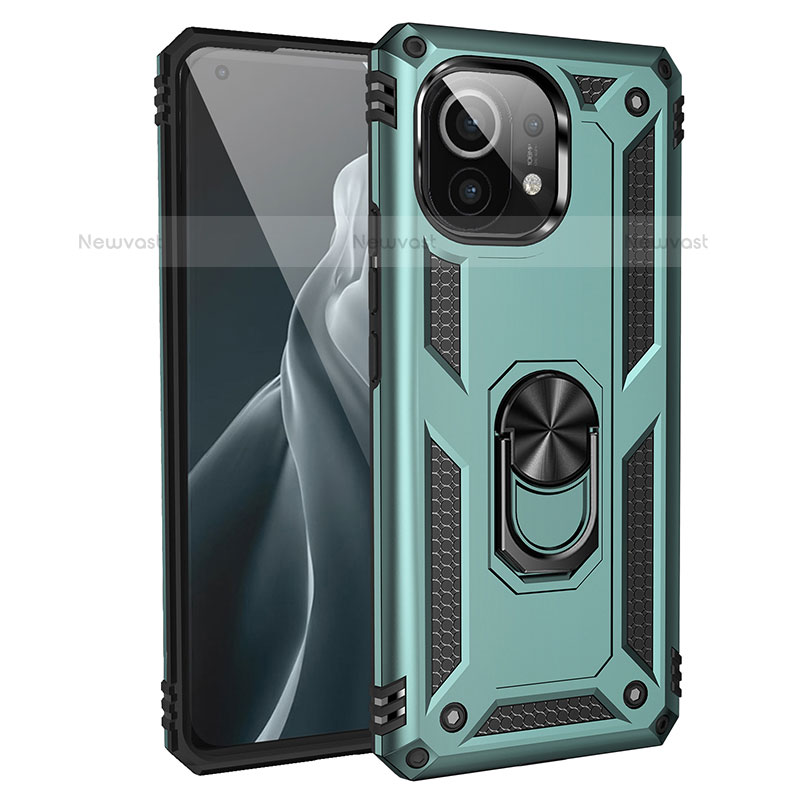 Silicone Matte Finish and Plastic Back Cover Case with Magnetic Finger Ring Stand R01 for Xiaomi Mi 11 Lite 5G Green