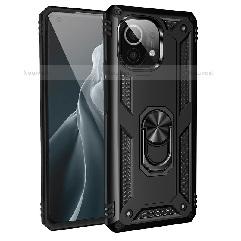 Silicone Matte Finish and Plastic Back Cover Case with Magnetic Finger Ring Stand R01 for Xiaomi Mi 11 Lite 5G NE Black