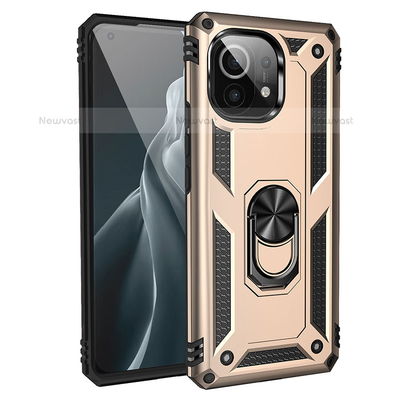Silicone Matte Finish and Plastic Back Cover Case with Magnetic Finger Ring Stand R01 for Xiaomi Mi 11 Lite 5G NE Gold