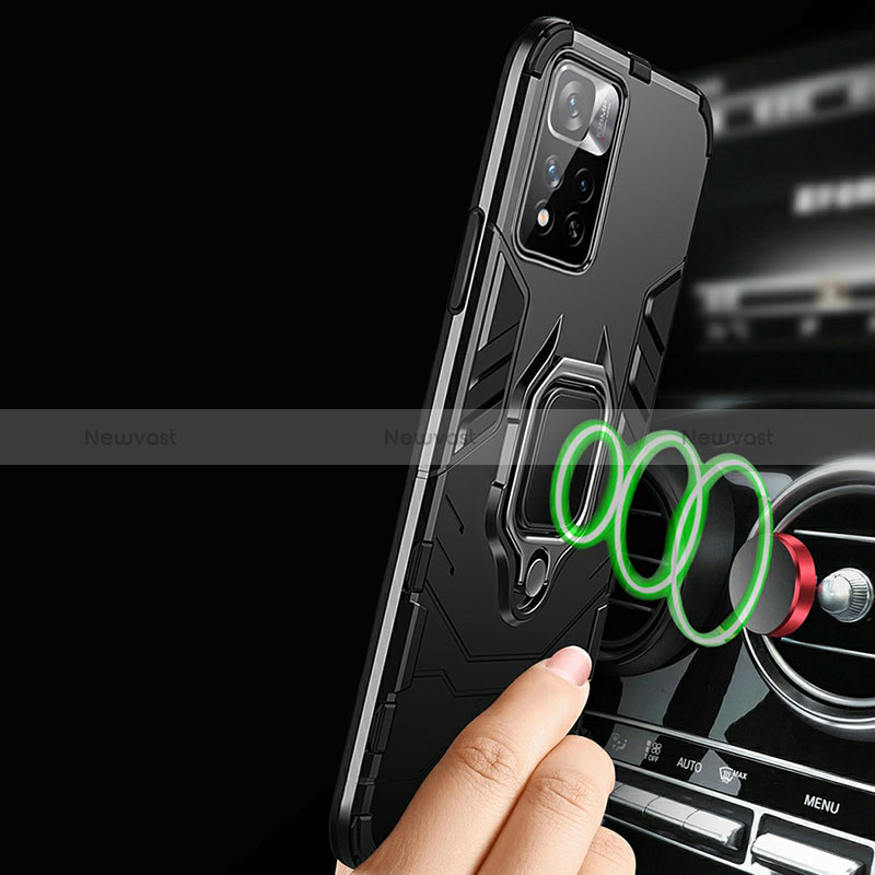 Silicone Matte Finish and Plastic Back Cover Case with Magnetic Finger Ring Stand R01 for Xiaomi Mi 11i 5G (2022)