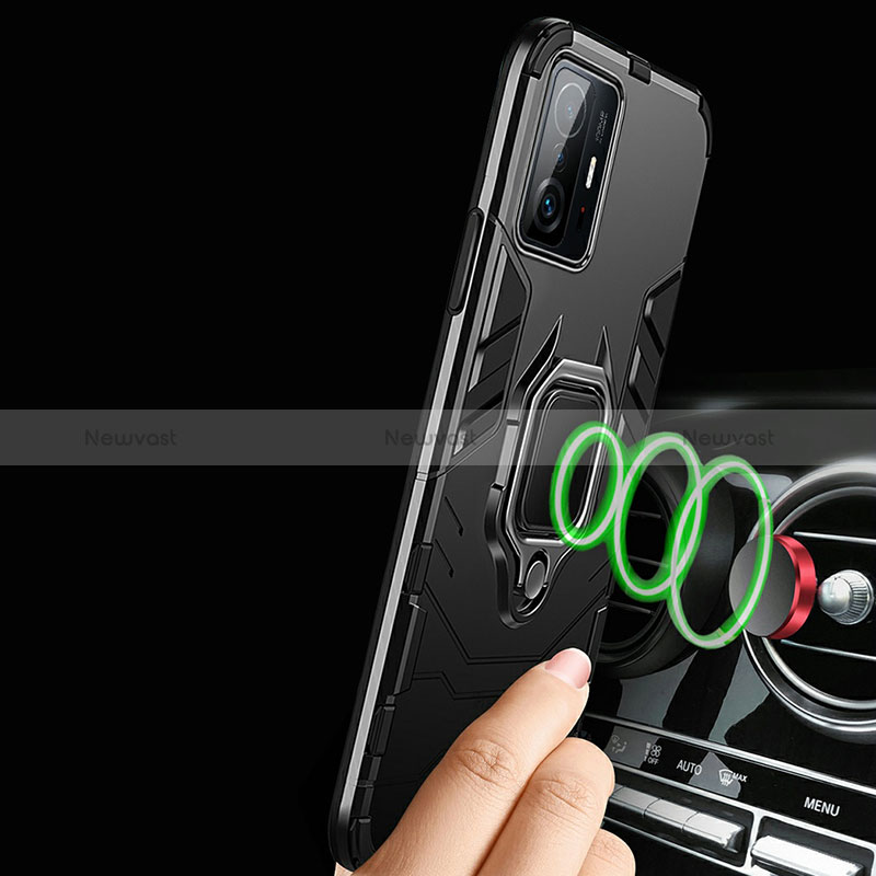 Silicone Matte Finish and Plastic Back Cover Case with Magnetic Finger Ring Stand R01 for Xiaomi Mi 11T 5G