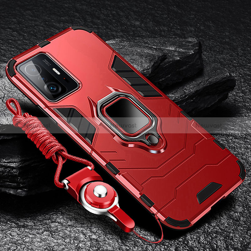 Silicone Matte Finish and Plastic Back Cover Case with Magnetic Finger Ring Stand R01 for Xiaomi Mi 11T Pro 5G Red