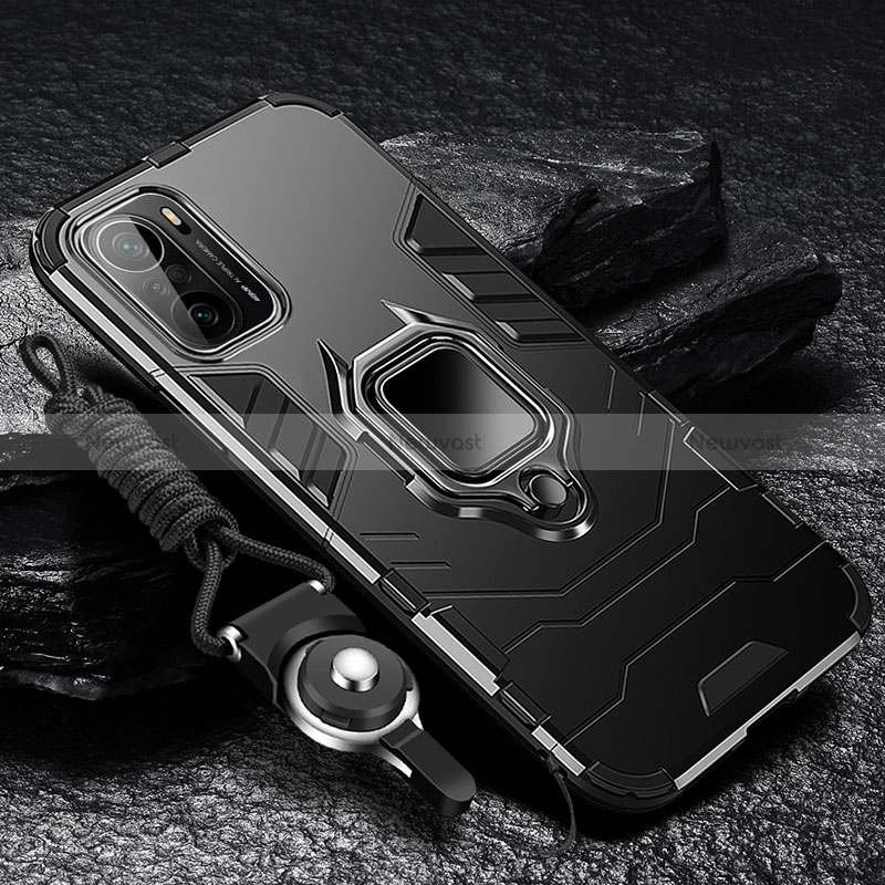 Silicone Matte Finish and Plastic Back Cover Case with Magnetic Finger Ring Stand R01 for Xiaomi Mi 11X Pro 5G Black