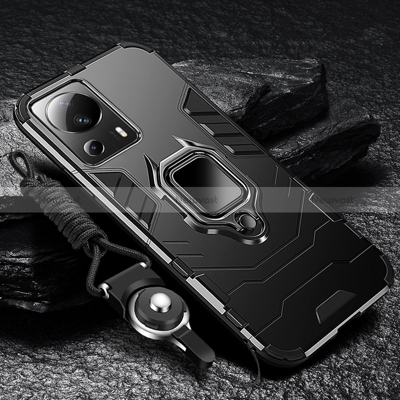 Silicone Matte Finish and Plastic Back Cover Case with Magnetic Finger Ring Stand R01 for Xiaomi Mi 12 Lite NE 5G
