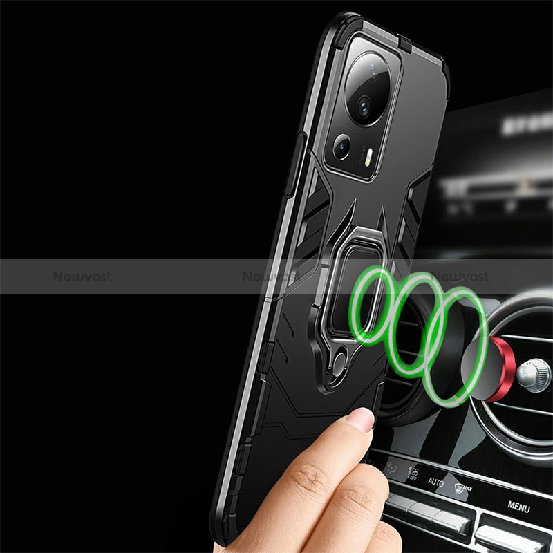 Silicone Matte Finish and Plastic Back Cover Case with Magnetic Finger Ring Stand R01 for Xiaomi Mi 12 Lite NE 5G