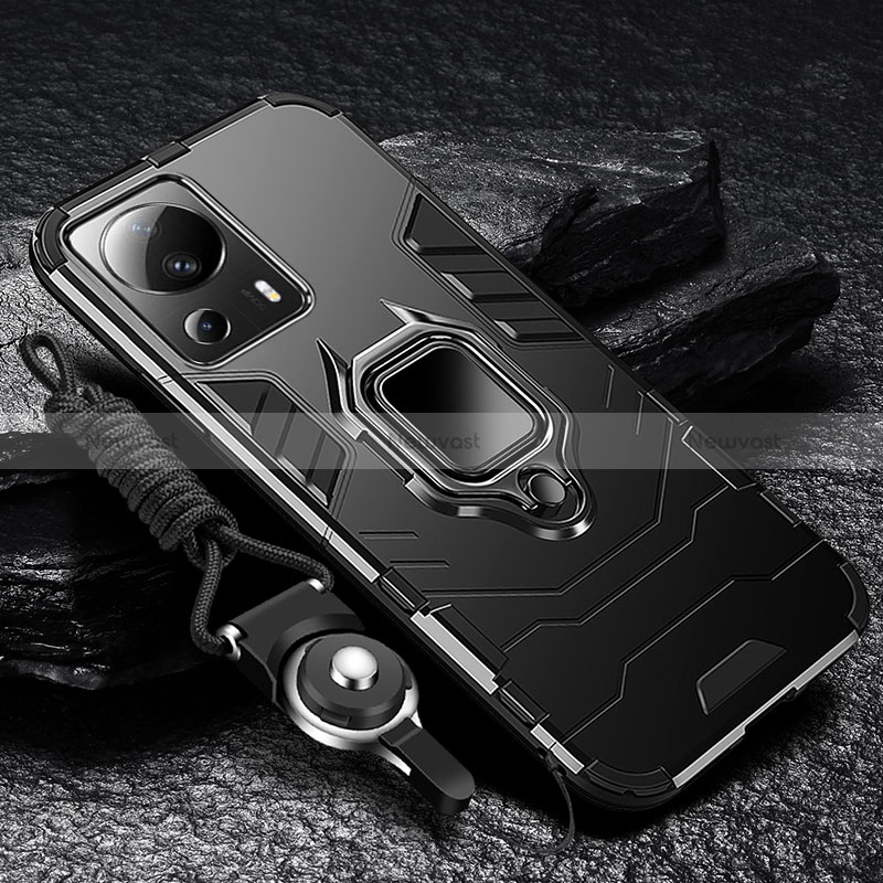 Silicone Matte Finish and Plastic Back Cover Case with Magnetic Finger Ring Stand R01 for Xiaomi Mi 12 Lite NE 5G Black