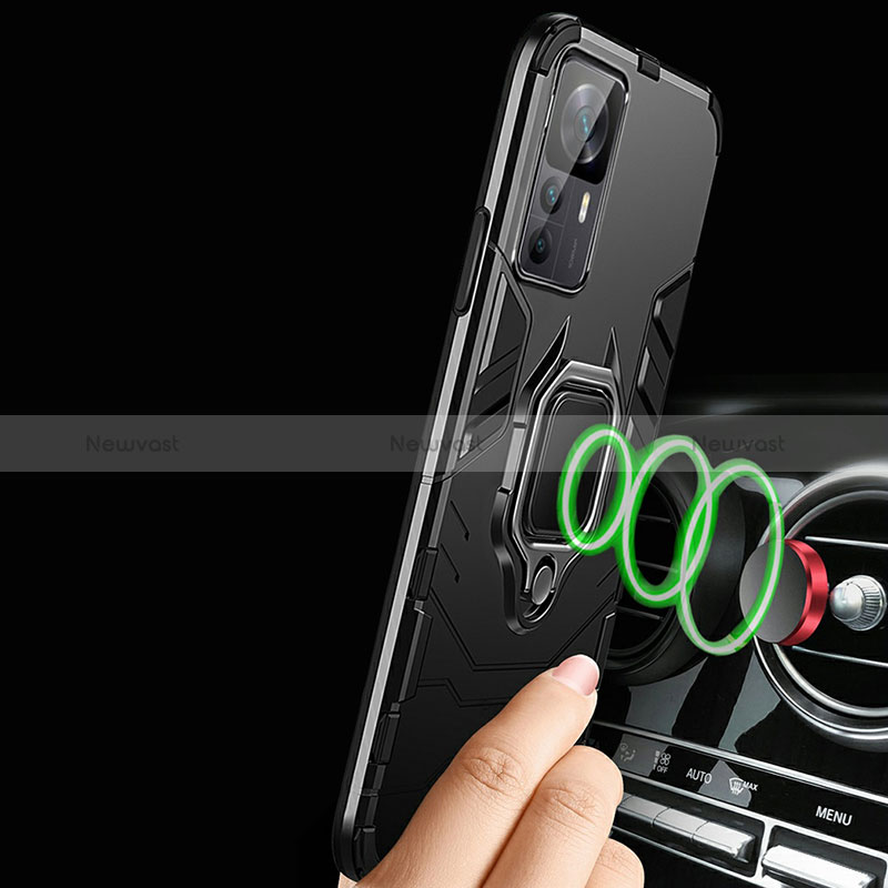 Silicone Matte Finish and Plastic Back Cover Case with Magnetic Finger Ring Stand R01 for Xiaomi Mi 12T 5G