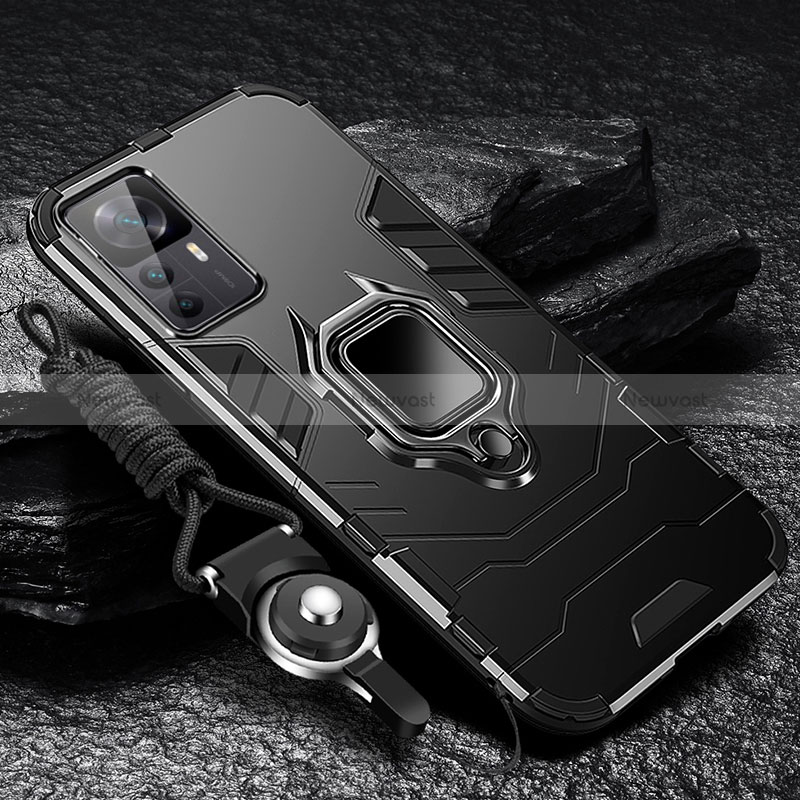 Silicone Matte Finish and Plastic Back Cover Case with Magnetic Finger Ring Stand R01 for Xiaomi Mi 12T 5G Black