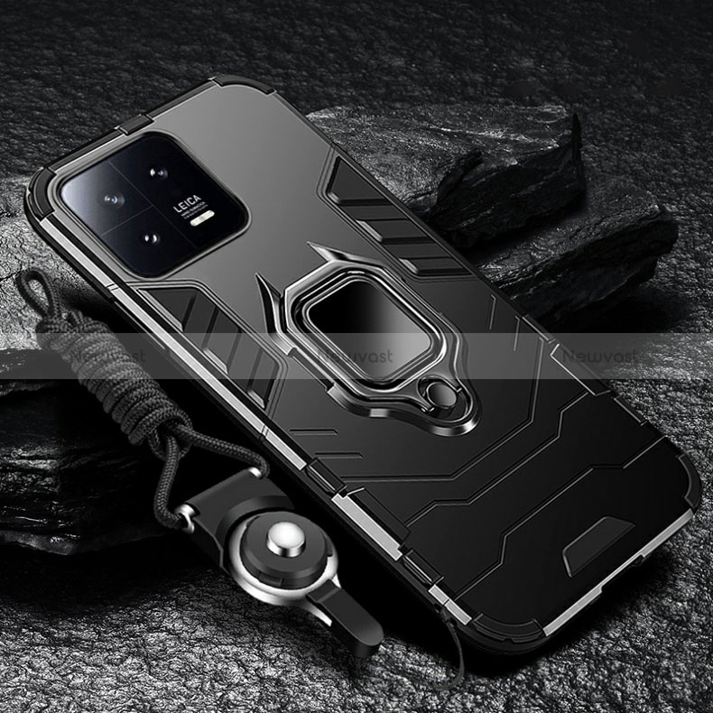 Silicone Matte Finish and Plastic Back Cover Case with Magnetic Finger Ring Stand R01 for Xiaomi Mi 13 5G Black