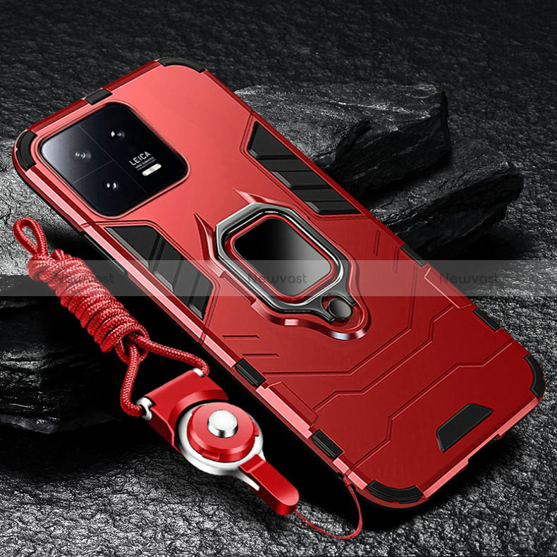 Silicone Matte Finish and Plastic Back Cover Case with Magnetic Finger Ring Stand R01 for Xiaomi Mi 13 5G Red