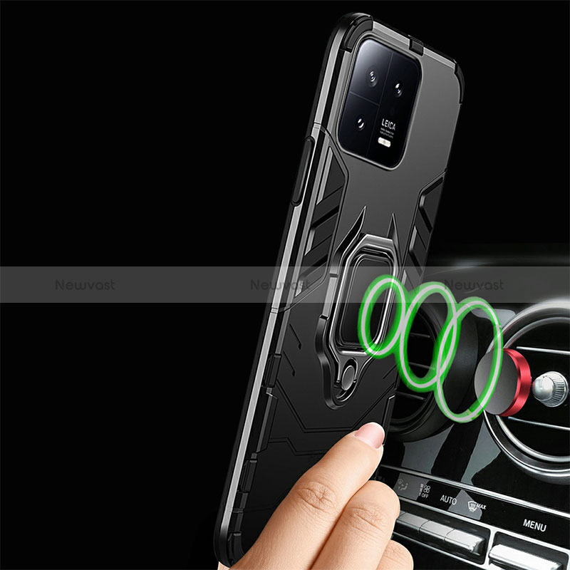 Silicone Matte Finish and Plastic Back Cover Case with Magnetic Finger Ring Stand R01 for Xiaomi Mi 13 Pro 5G