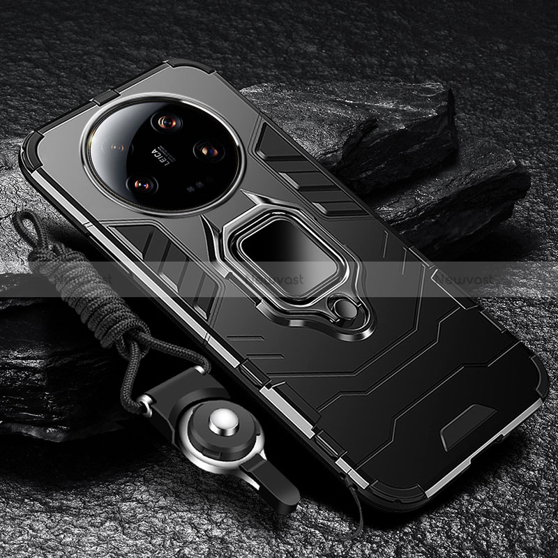 Silicone Matte Finish and Plastic Back Cover Case with Magnetic Finger Ring Stand R01 for Xiaomi Mi 13 Ultra 5G