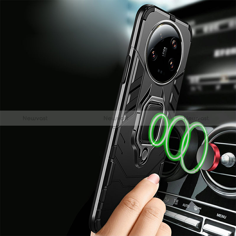 Silicone Matte Finish and Plastic Back Cover Case with Magnetic Finger Ring Stand R01 for Xiaomi Mi 13 Ultra 5G