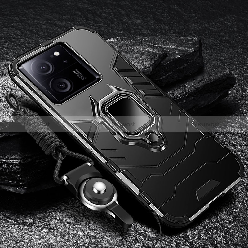 Silicone Matte Finish and Plastic Back Cover Case with Magnetic Finger Ring Stand R01 for Xiaomi Mi 13T 5G Black