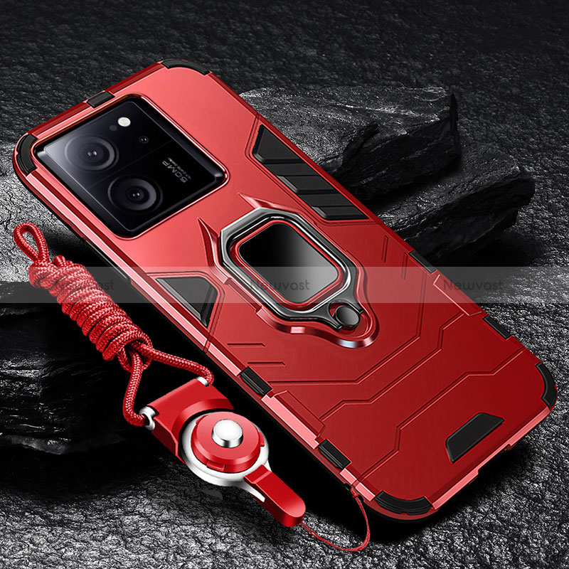 Silicone Matte Finish and Plastic Back Cover Case with Magnetic Finger Ring Stand R01 for Xiaomi Mi 13T Pro 5G Red