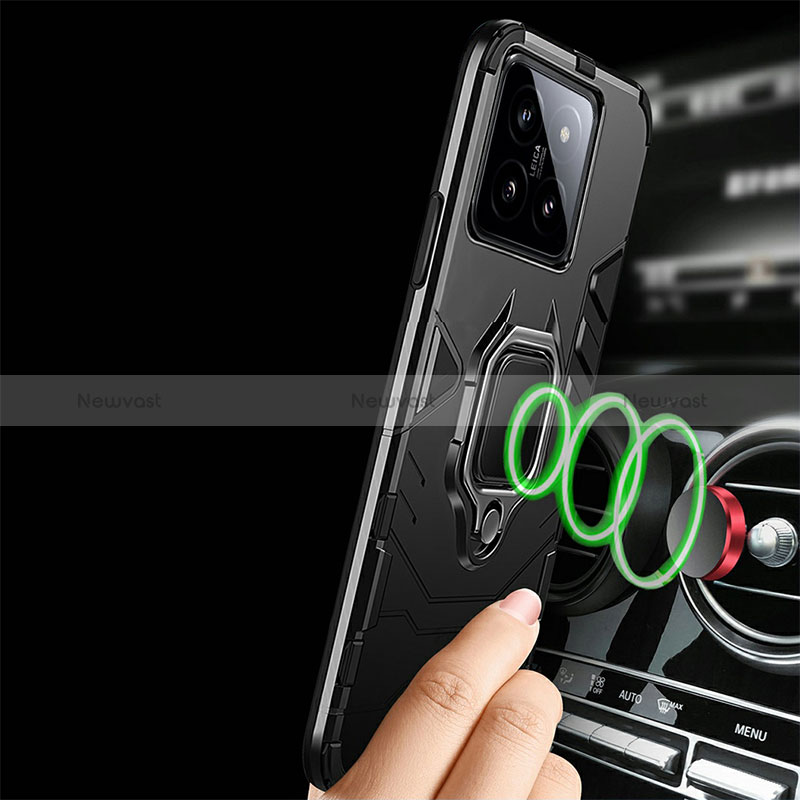 Silicone Matte Finish and Plastic Back Cover Case with Magnetic Finger Ring Stand R01 for Xiaomi Mi 14 5G