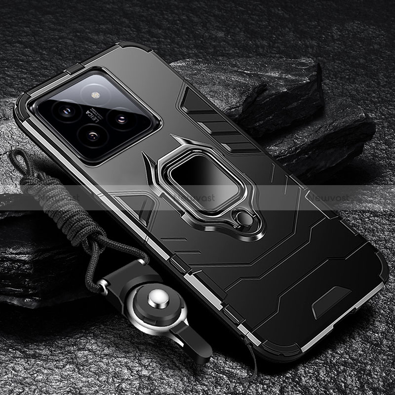 Silicone Matte Finish and Plastic Back Cover Case with Magnetic Finger Ring Stand R01 for Xiaomi Mi 14 5G Black