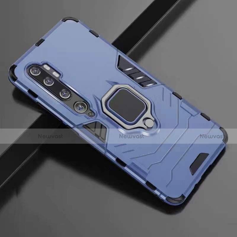 Silicone Matte Finish and Plastic Back Cover Case with Magnetic Finger Ring Stand R01 for Xiaomi Mi Note 10 Blue