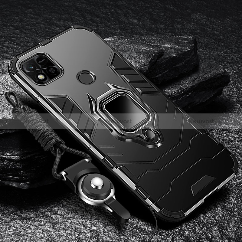 Silicone Matte Finish and Plastic Back Cover Case with Magnetic Finger Ring Stand R01 for Xiaomi POCO C3