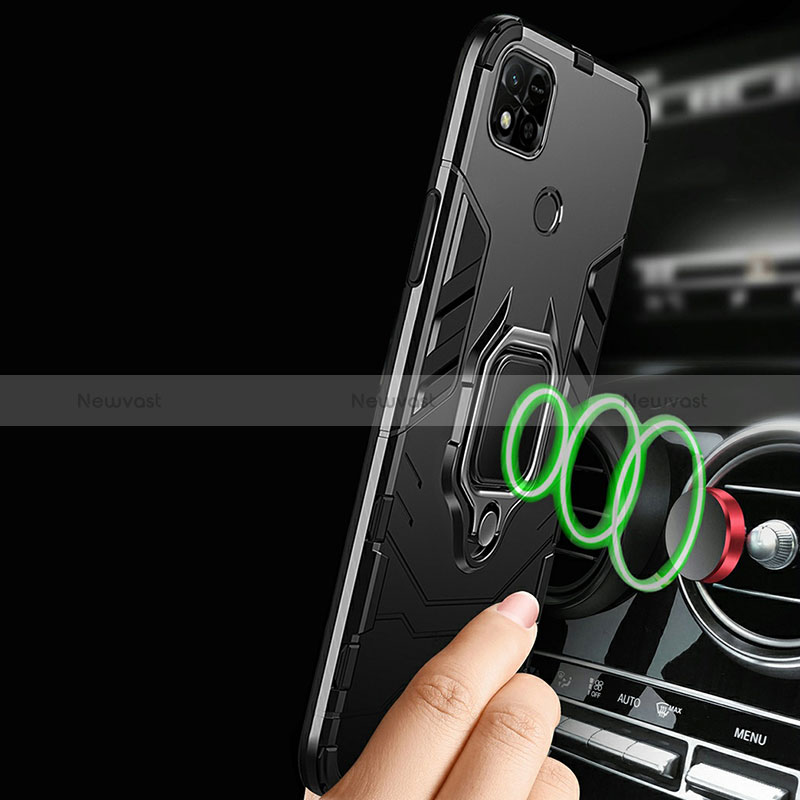 Silicone Matte Finish and Plastic Back Cover Case with Magnetic Finger Ring Stand R01 for Xiaomi POCO C3