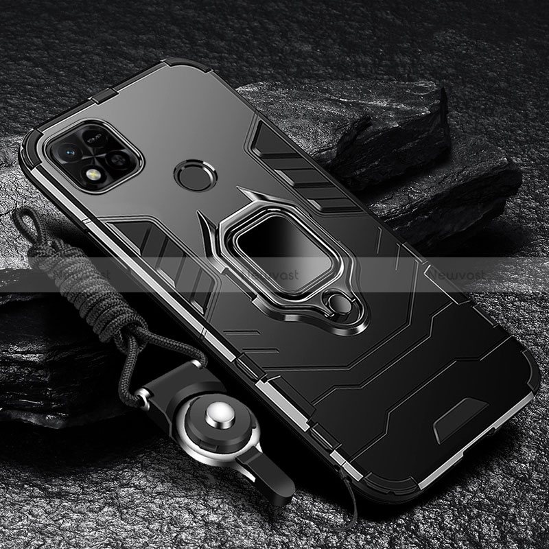 Silicone Matte Finish and Plastic Back Cover Case with Magnetic Finger Ring Stand R01 for Xiaomi POCO C3 Black