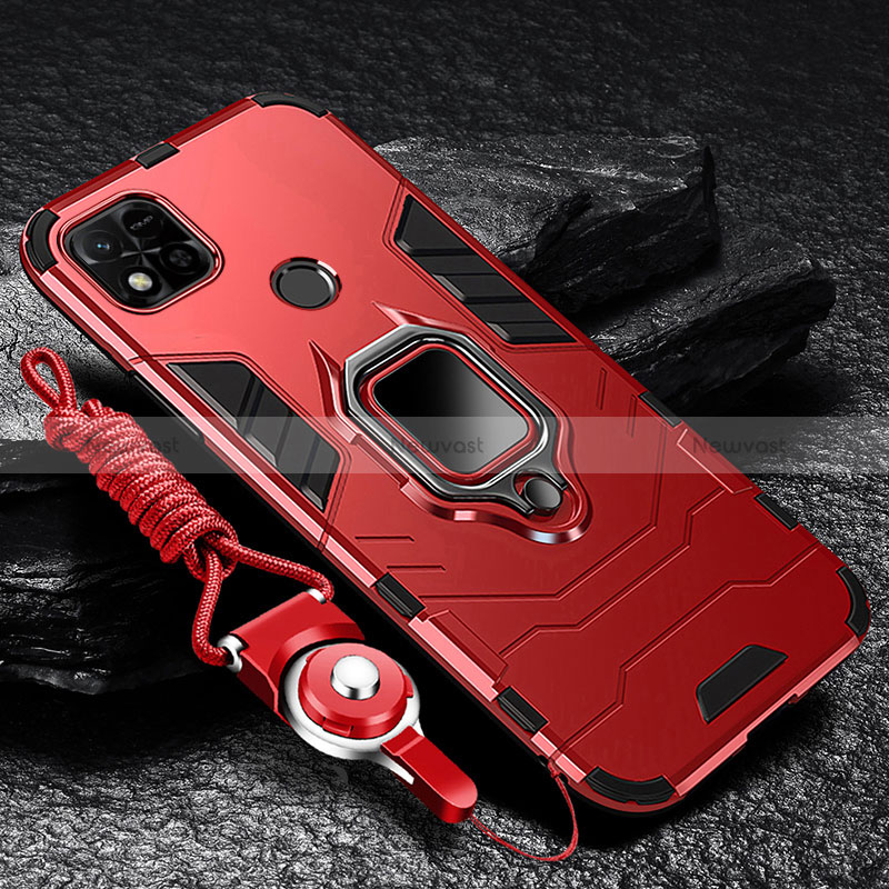 Silicone Matte Finish and Plastic Back Cover Case with Magnetic Finger Ring Stand R01 for Xiaomi POCO C3 Red