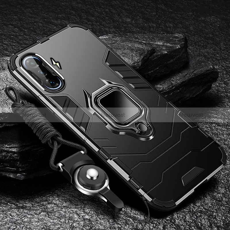 Silicone Matte Finish and Plastic Back Cover Case with Magnetic Finger Ring Stand R01 for Xiaomi Poco F3 GT 5G Black