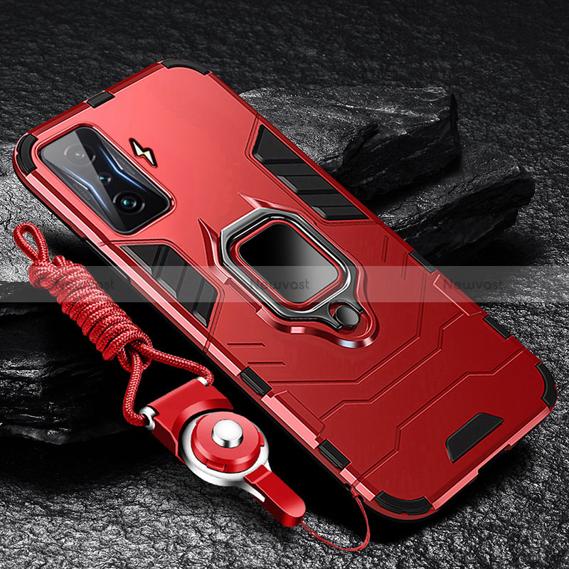 Silicone Matte Finish and Plastic Back Cover Case with Magnetic Finger Ring Stand R01 for Xiaomi Poco F4 GT 5G Red