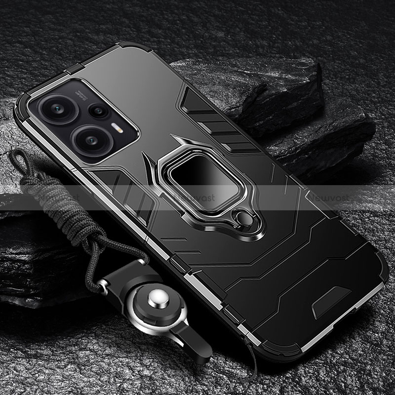 Silicone Matte Finish and Plastic Back Cover Case with Magnetic Finger Ring Stand R01 for Xiaomi Poco F5 5G Black