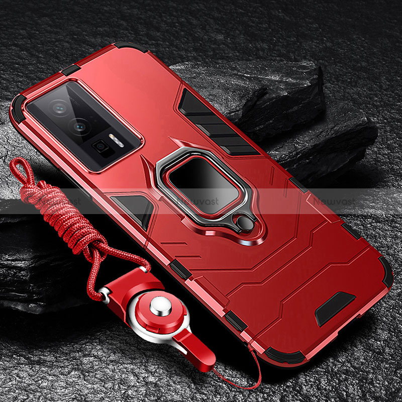 Silicone Matte Finish and Plastic Back Cover Case with Magnetic Finger Ring Stand R01 for Xiaomi Poco F5 Pro 5G Red