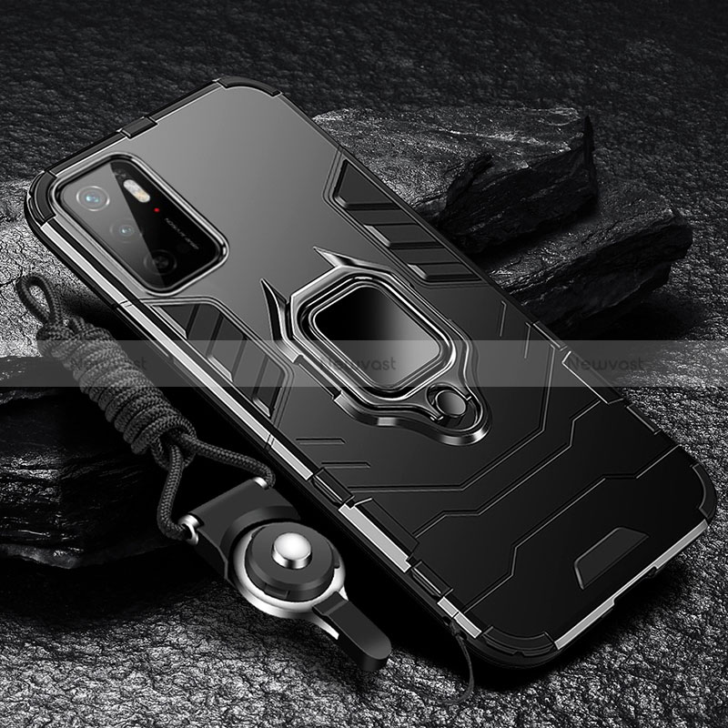 Silicone Matte Finish and Plastic Back Cover Case with Magnetic Finger Ring Stand R01 for Xiaomi POCO M3 Pro 5G Black