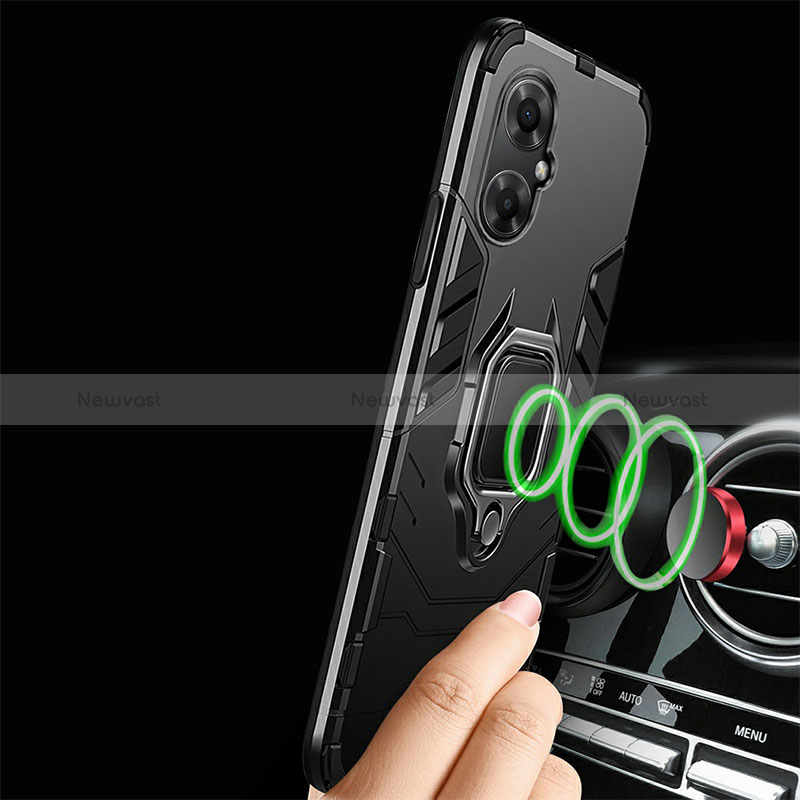 Silicone Matte Finish and Plastic Back Cover Case with Magnetic Finger Ring Stand R01 for Xiaomi Poco M4 5G
