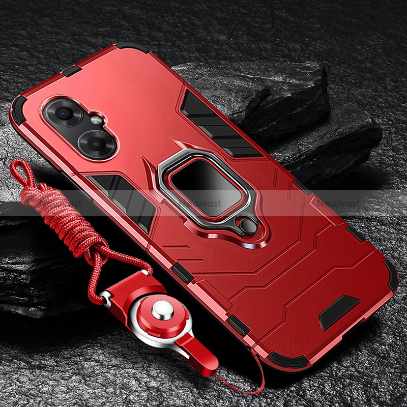 Silicone Matte Finish and Plastic Back Cover Case with Magnetic Finger Ring Stand R01 for Xiaomi Poco M4 5G Red