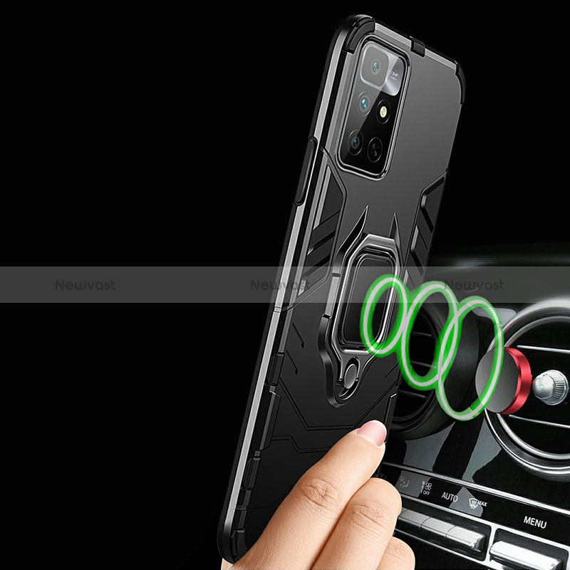 Silicone Matte Finish and Plastic Back Cover Case with Magnetic Finger Ring Stand R01 for Xiaomi Poco M4 Pro 5G