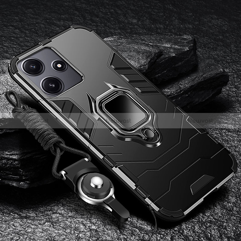 Silicone Matte Finish and Plastic Back Cover Case with Magnetic Finger Ring Stand R01 for Xiaomi Poco M6 Pro 5G