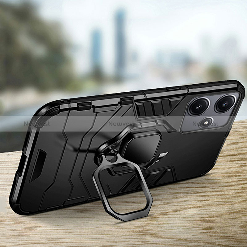 Silicone Matte Finish and Plastic Back Cover Case with Magnetic Finger Ring Stand R01 for Xiaomi Poco M6 Pro 5G