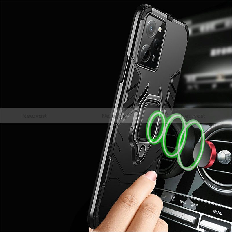 Silicone Matte Finish and Plastic Back Cover Case with Magnetic Finger Ring Stand R01 for Xiaomi Poco X5 Pro 5G