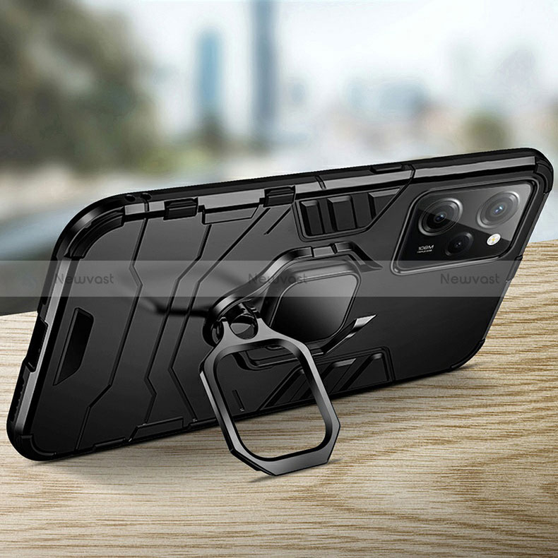 Silicone Matte Finish and Plastic Back Cover Case with Magnetic Finger Ring Stand R01 for Xiaomi Poco X5 Pro 5G
